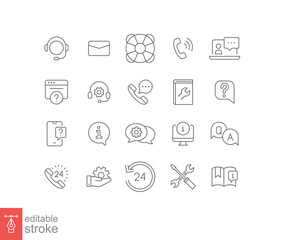 Obraz na płótnie Canvas Help and support line icon set. Simple outline style symbol for web template and app. Online service and call center concept. Vector illustration isolated on white background. Editable stroke EPS 10.