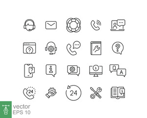 Help and support line icon set. Simple outline style symbol for web template and app. Online service, call center, contact phone concept. Vector illustration isolated on white background. EPS 10.