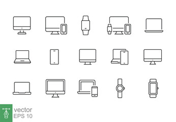 Modern devices thin line icon set. Simple outline style. Computer, laptop, monitor screen, gadget, pc, phone, smartwatch. Vector illustration isolated on a white background. EPS 10.