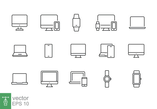 Modern devices thin line icon set. Simple outline style. Computer, laptop, monitor screen, gadget, pc, phone, smartwatch. Vector illustration isolated on a white background. EPS 10.