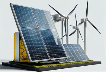 Solar energy panel with wind turbine isolated on transparent background, PNG. Generative AI - obrazy, fototapety, plakaty