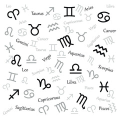 Zodiac signs set isolated on white background. Star signs for astrology horoscope. Zodiac line stylized symbols. Astrological calendar collection, horoscope constellation vector illustration