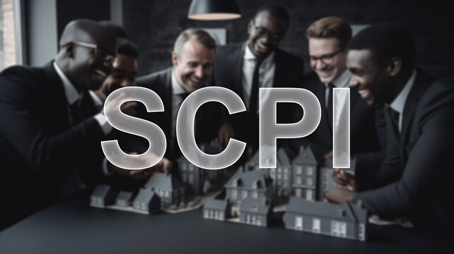 Ultra-realistic illustration of a SCPI team meeting around some houses models on a table. Dark background. Focus on the text. Generative AI people not real. 
