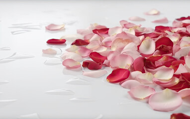 Rose petals on a white background. Shallow depth of field. Generative AI