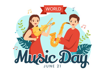 World Music Day Illustration with Various Musical Instruments and Notes in Flat Cartoon Hand Drawn for Publication Poster or Landing Page Templates