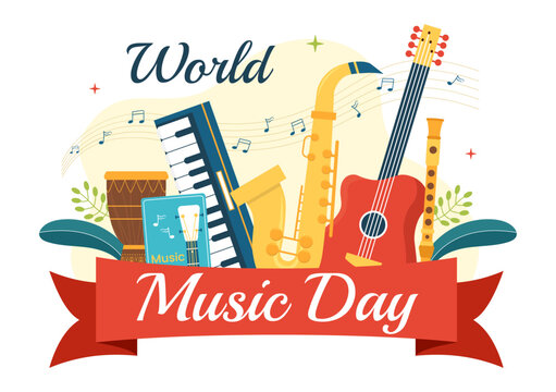 World Music Day Illustration with Various Musical Instruments and Notes in Flat Cartoon Hand Drawn for Publication Poster or Landing Page Templates