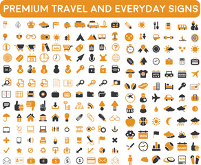 set of icons | premium  travel flight  and Normal Routine signs icon pack with additional hotel service   200 icon pack