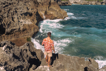 Podróżnik stojący na klifie, na brzegu skał, na tle fal i oceanu. - obrazy, fototapety, plakaty