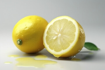 A lemon with a cut in half sits on a white surface.