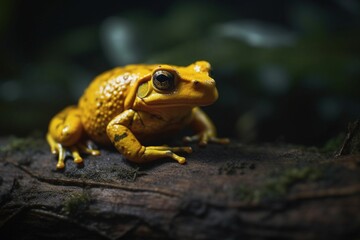 Golden poison frog on the rainforest floor. Generative AI.