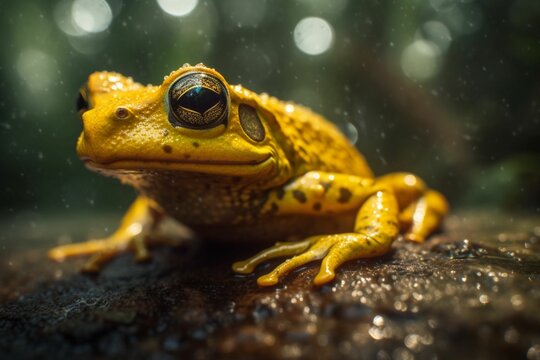 Golden poison frog on the rainforest floor. Generative AI.