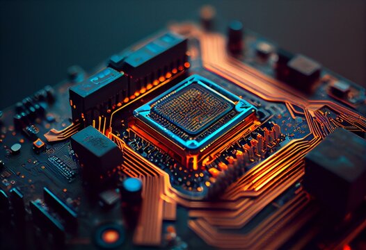 Super Macro, Glowing Computer Chip And CPU Motherboard Technology Circuit Board, Generative AI