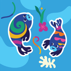 Two cute seal characters are swimming together. Vector sticker illustration