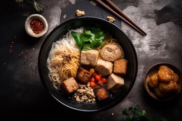 asian noodle with meatball on the bowl