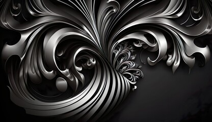 Moderne Luxus Barock Muster, mit Weiss, Schwarz und Silbernen Tönen, Textur gekrümmte Elemente in 3D-Look. Silber und Schwarz ausgefallenen markanten Hintergrund. Generative AI Illustration