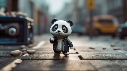 Panda Spielzeugfigur in optisch lebhafter Darstellung, stehend auf der Strasse, bei Nachmittagssonne. Generative AI Illustration - obrazy, fototapety, plakaty