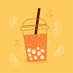 Bubble tea orange lemonade on cup with lid and straw