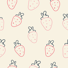 Seamless pattern with hand drawn one line pink and red strawberry on beige background