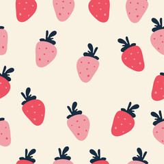 Seamless pattern with hand drawn one line pink and red strawberry on beige background