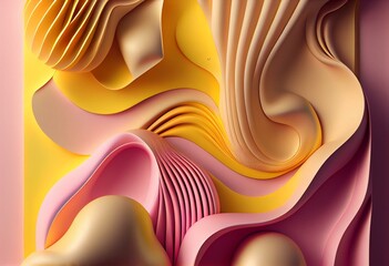 Abstract 3D Render with Natural, Wavy Forms. Trendy Pink and Yellow Wallpaper. Generative AI