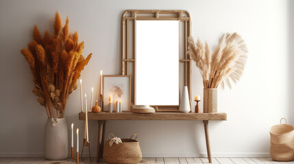 A modern home Boho style decoration design, with a large wall art frame blank mockup with white background, simple and elegant, bohemian style decoration for home, AI generated