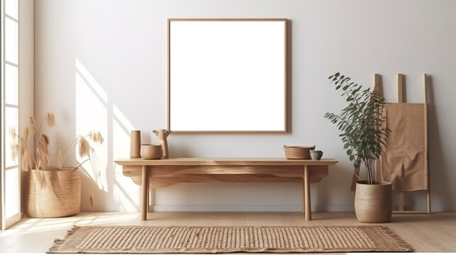 A modern home Boho style decoration design, with a large wall art frame blank mockup with white background, simple and elegant, bohemian style decoration for home, AI generated