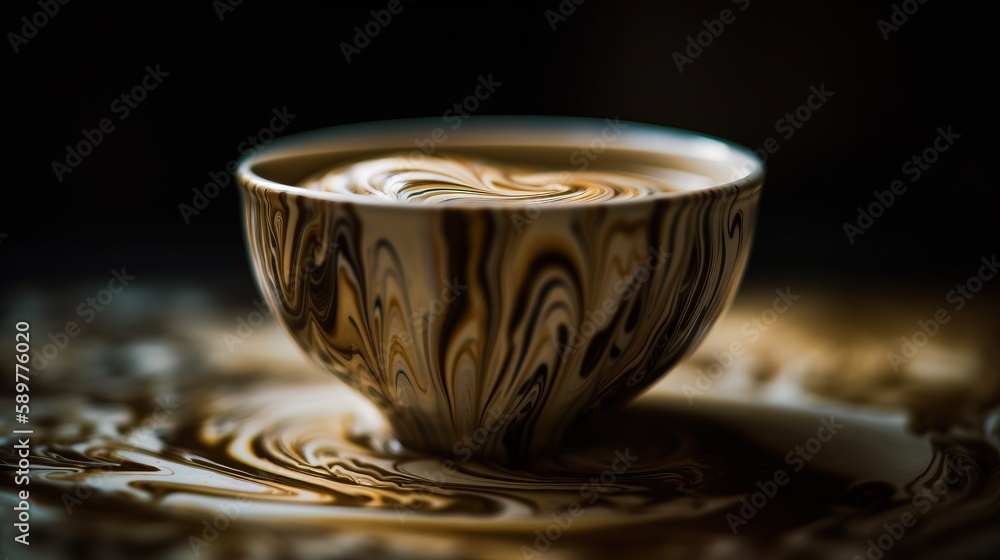 Poster a cup of coffee is sitting on a saucer on a table top with a swirl pattern on it and a black backgro