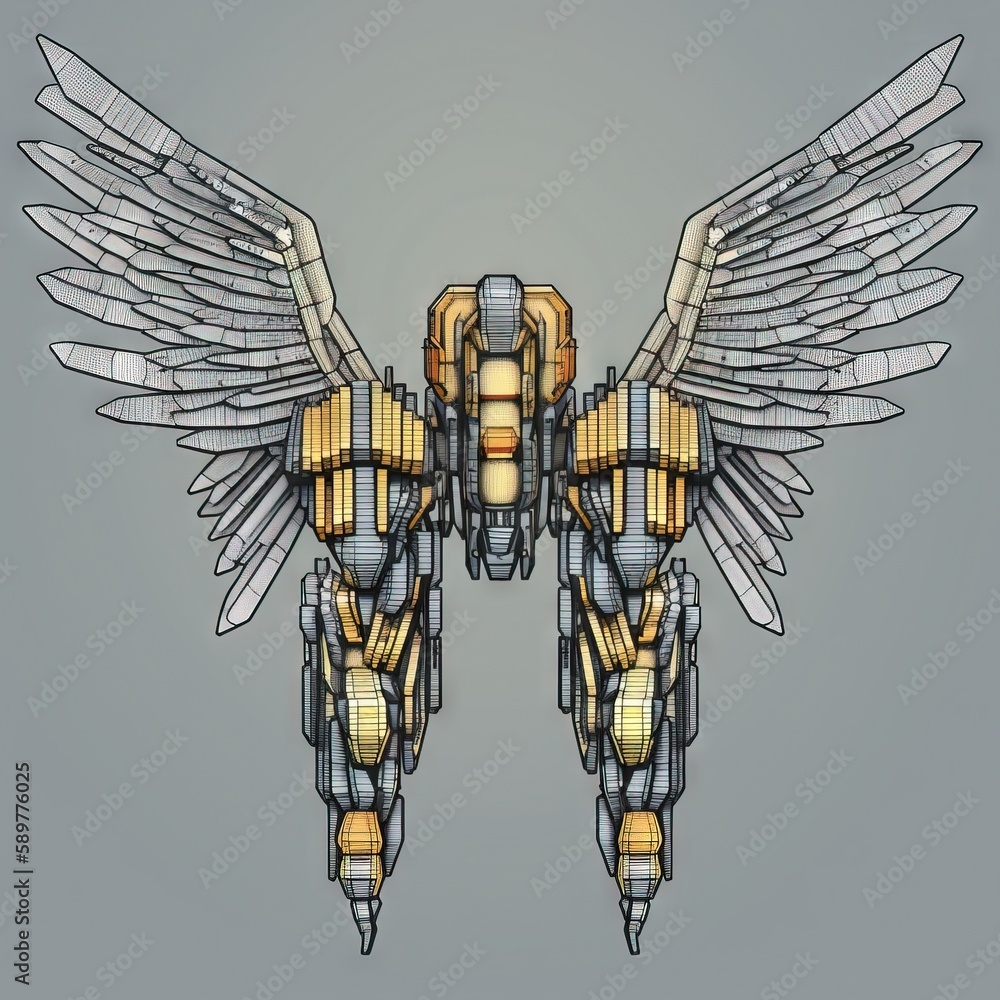 Poster a computer generated image of a mechanical device with wings and gears on a gray background photo of