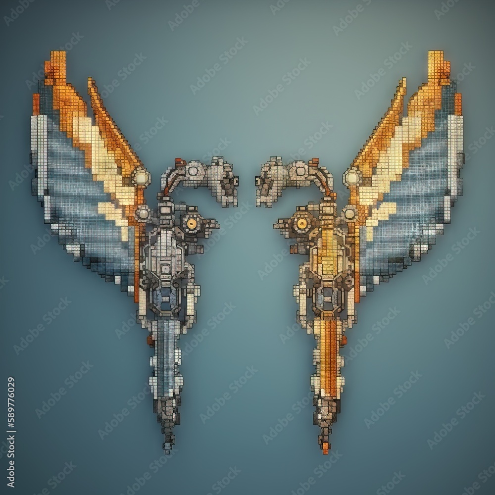 Poster a pair of wings made out of blockss on a blue background with a blue background and a blue backgroun