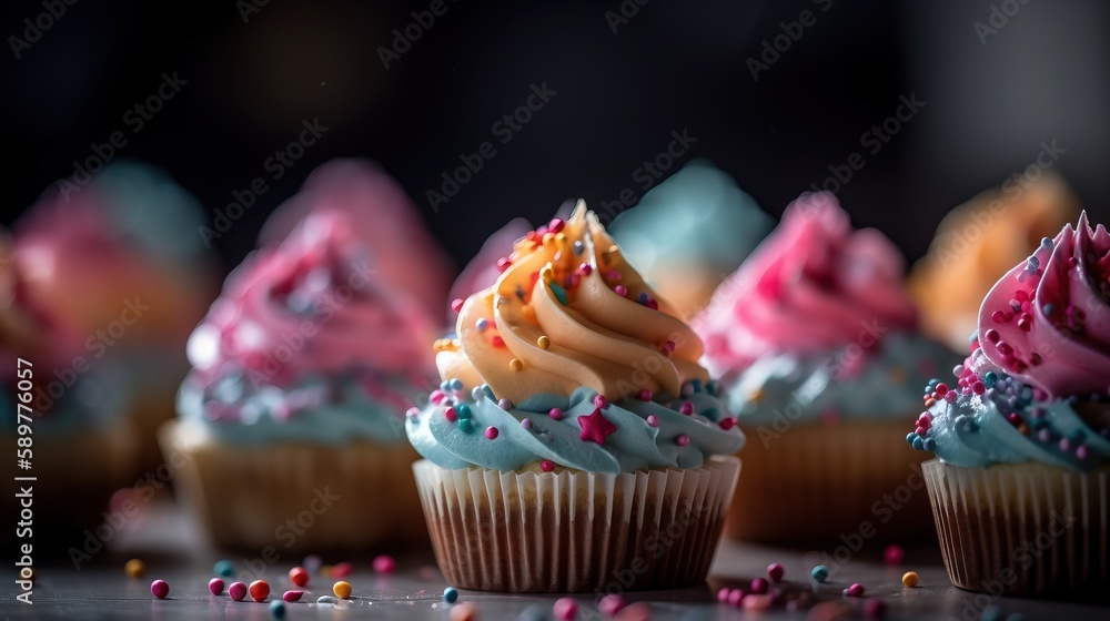 Poster a close up of cupcakes with sprinkles on a table with other cupcakes on the table in the background.