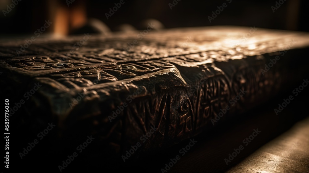 Poster a close up of a book on a wooden table with a light shining on the book and the book itself in the b