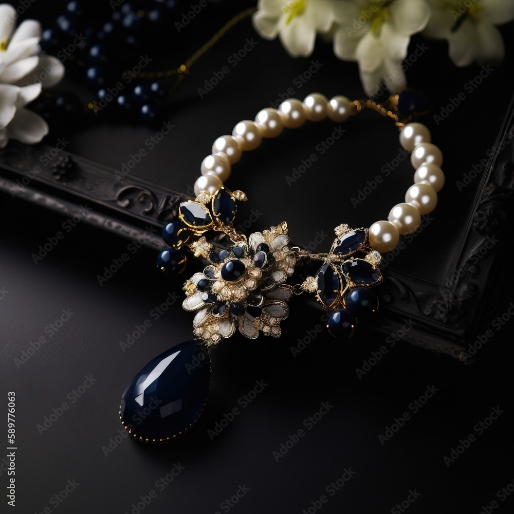 Poster a close up of a necklace on a table with flowers in the background and a mirror in the foreground wi