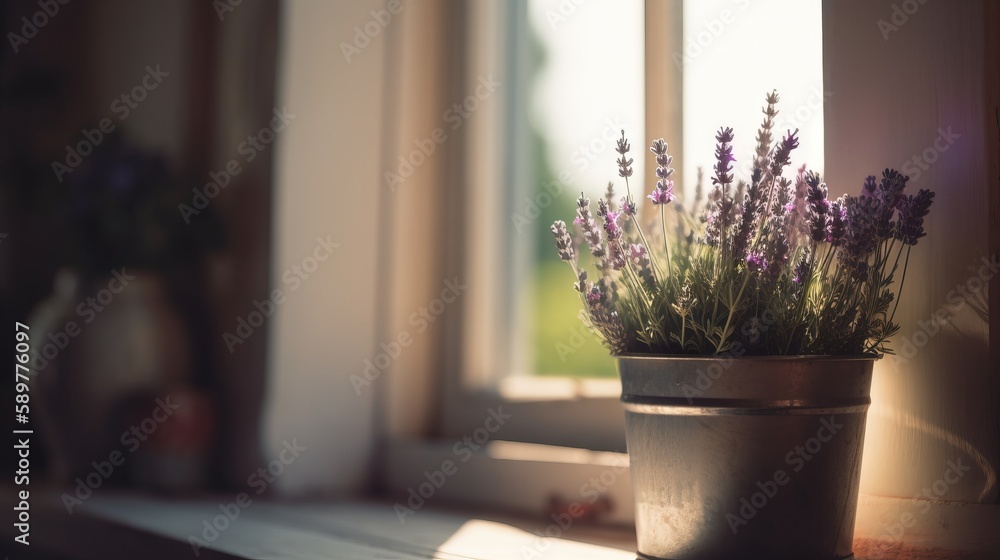 Poster a potted plant sitting on a window sill next to a window sill with a window sill in the background a