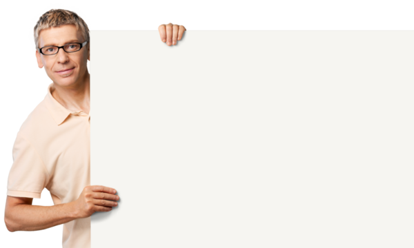 Handsome adult man holding blank sign isolated on white