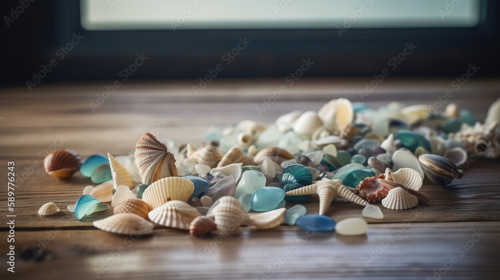 Poster a pile of sea shells sitting on top of a wooden table next to a window with a window frame in the ba