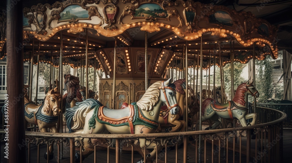 Poster a merry go round with horses on a merry go round ride at a carnival or amusement park with lights on