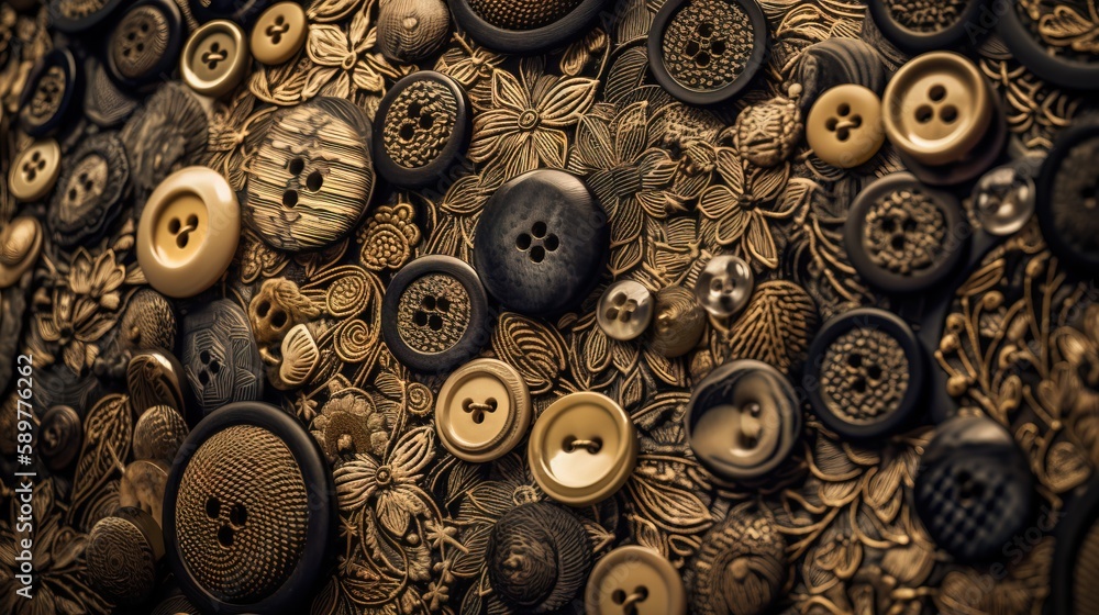Poster a close up of a bunch of buttons on a wall with a pattern on it and a gold button on the bottom of t
