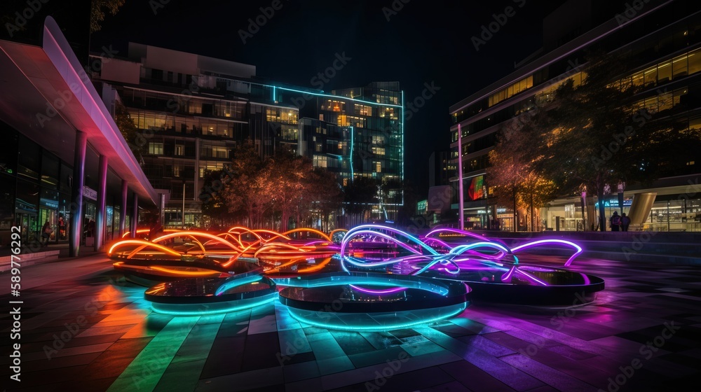 Poster a group of illuminated objects on a city street at night with buildings in the background and a buil