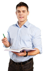 Young business man in suit with book on background