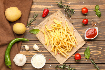 Composition with tasty french fries, pepper and sauces on wooden background