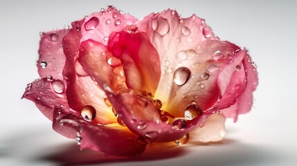 Blume, Blumenblüte in Rosa, mit Wassertropfen auf weissem, neutralem Hintergrund. Generative AI Illustration