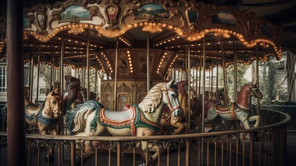 Fototapeta na wymiar a merry go round with horses on a merry go round ride at a carnival or amusement park with lights on the top of the carousel. generative ai