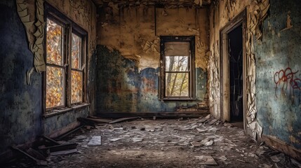  a run down building with graffiti on the walls and windows and a broken door and window pane in the middle of the room with a broken window.  generative ai - obrazy, fototapety, plakaty