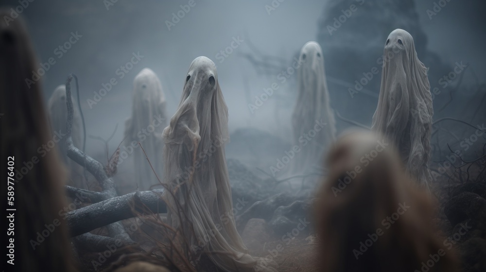 Poster a group of ghost like creatures in a foggy forest with trees and branches in the foreground, with a 