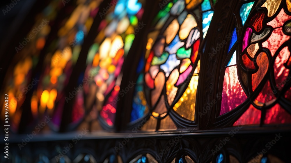 Poster a close up of a stained glass window with many colors of light coming from it's center window and th