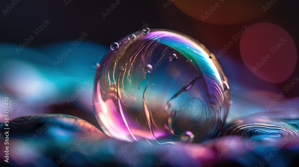 Poster a close up of a glass ball with water droplets on it and a blurry background of circles and circles 