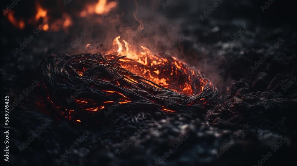 Poster a bunch of branches that are in the ground with some fire in the middle of it and some smoke coming 