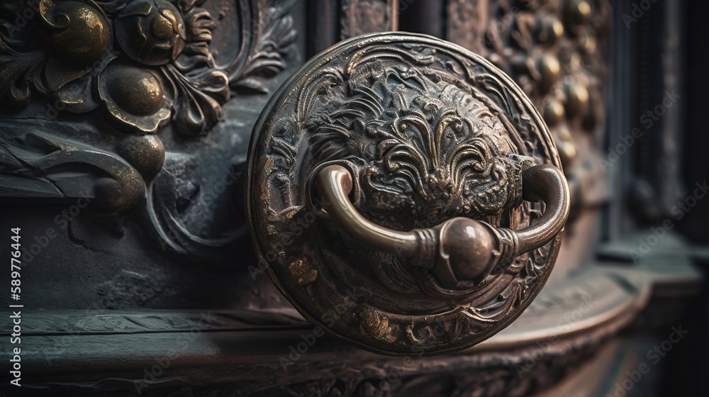 Poster a metal door handle with a lion head on it's side and a flower design on the front of the door handl