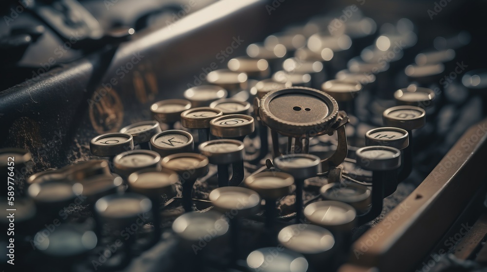 Poster a close up of a typewriter with lots of buttons and a lot of other typewriters in it's case and a lo