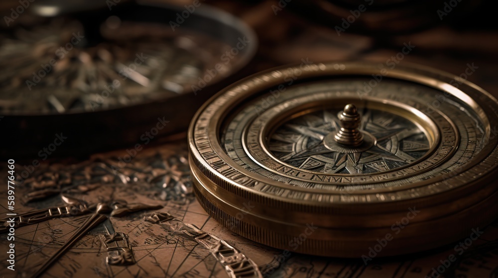 Aufkleber a compass sitting on top of a map next to a bowl of sand and a compass on top of a table with other 